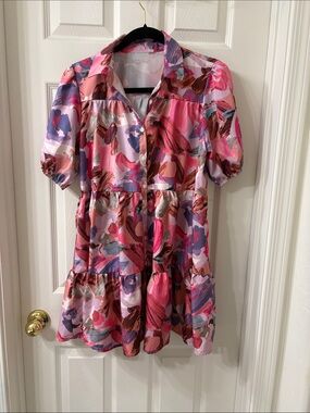 Summer Pink Multi-Color Brushstroke Button-Front Tiered Dress